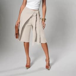 Women Solid Wrap Overlay Shorts Fashion High Waist Lace Up Asymmetrical Wide Leg Knee Length Culottes Casual Office Lady Shorts