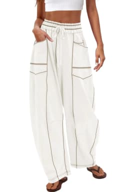 2025 Women's Pants Elastic Waist Drawstring Pocket Fashion High Street Casual Loose Sports Wide Leg Pants