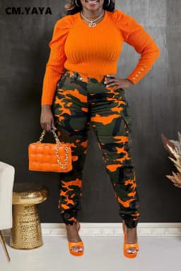 CM.YAYA Women’s Camouflage Printed Slim Cargo Pants 2024 Spring/Summer Pocket Jogger Street Fashion Safari Trousers