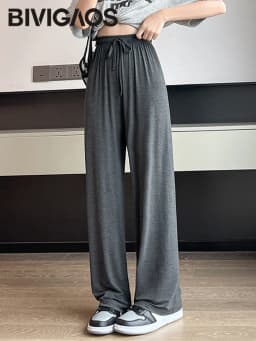 BIVIGAOS Women Summer Gray Ultra-Thin Modal Wide Leg Pants Elastic Loose Casual High Waist Dance Pants Home Sunscreen Pants