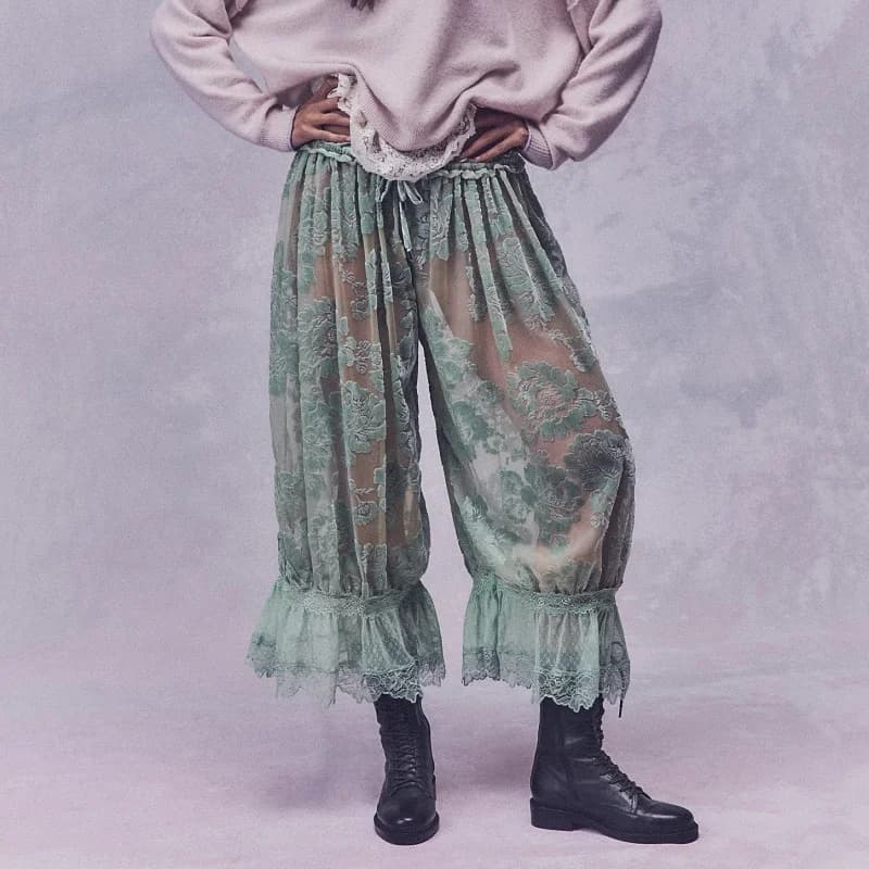 Womens Y2k Long Bloomer Pants Sheer Floral Lace Trim Wide Leg Pettipants Cute Ruffle Capri Pants Pj Bottoms