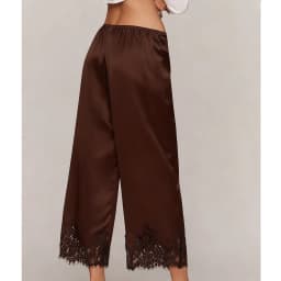 Satin Silk Lace Trim Pants Women y2k Coquette Wide Leg Elastic Waist Loose Slip Bottoms Casual Patchwork Loungewear Trousers
