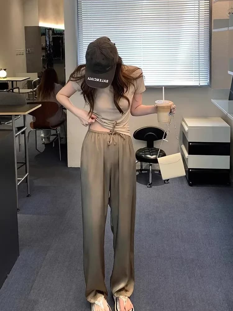 High-Grade Draping Acetate Satin Wide-Leg Pants Women's Summer Thin Ice Silk Cool Smooth Pants Straight Mop Pants