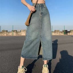 Women's High-Waist Slit Denim Skirt Retro Washed A-Line Hip-Covering Straight Long Skirt for Casual Comfortable Fit