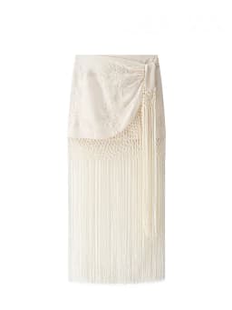 HH Women's Fashion Embroidered Sexy Tassel Spliced Skirt Female Temperament High Waist Knot Asymmetrical Casual Midi Skirt
