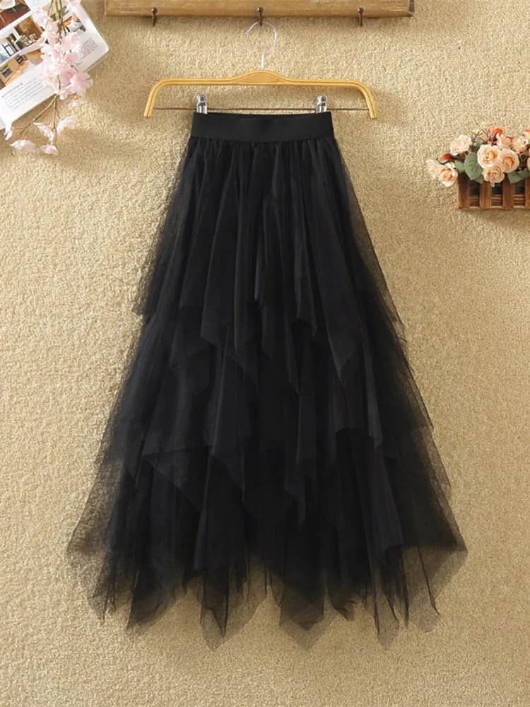 Women Irregular Tulle Skirts Fashion Elastic High Waist Mesh Tutu Skirt Pleated Long Skirts Midi Skirt Saias Faldas Jupe Femmle