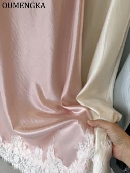 OUMENGKA Summer French Elegant Satin Mermaid Skirt Women Lace Patchwork Waist Elastic Long A-line Skirts Fashion Ladies