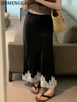 OUMENGKA Summer French Elegant Satin Mermaid Skirt Women Lace Patchwork Waist Elastic Long A-line Skirts Fashion Ladies