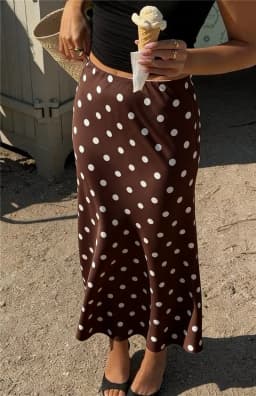 Women Y2K Polka Dot Satin Midi Skirt High Waist Fishtail Long Skirt Elegant Silky Satin Skirt For Summer Office Party Vacation