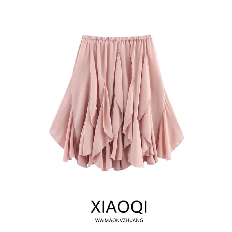 Mid-Length Women's Skirt 2025 Summer New Sle Decorative Layered Design Mid-Waist A-Line Skirt Faionable Ladies Skirt