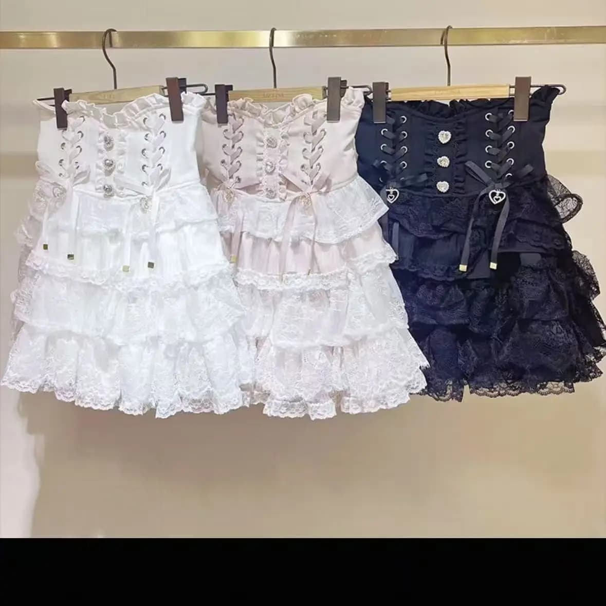 Japanese Lolita Y2k Lace Layered Skirt Women Anime High Waist Chic Ruffle Cake Skirt Kawaii Harajuku Sweet Mini Skirt