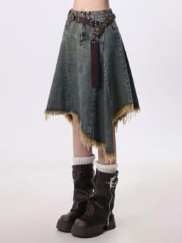 Summer Women Japanese Midi Skirt Denim Irregular Skirt A-line 2000s Abi Y2k Korean Shoujo E-girl Gyaru Tassels Skirt Cyber Punk