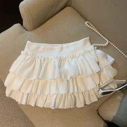 Sweet Puffy White Mini Skirt for Women Korean Harajuku Style Ruched Ruffle Skirts Woman Casual Campus Elastic Waist A-line Skirt