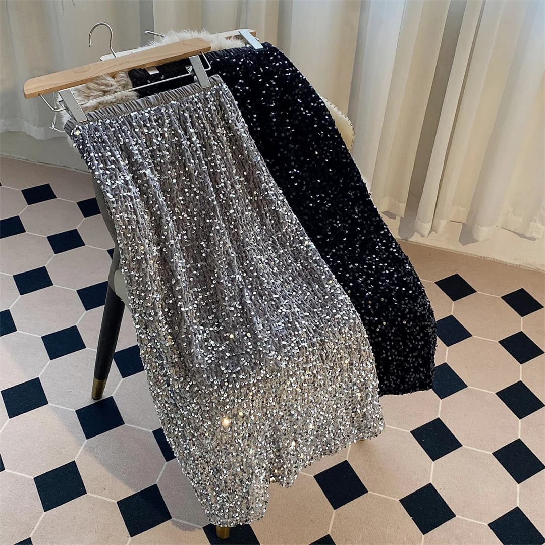 Shiny Velvet Sequin Half-length Slim Fit Straight Skirt High Waist Long Skirt Back Split Atmosphere New Style Women's Fashion