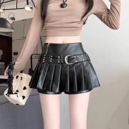 Black Retro Pu Leather Skirt Women Autumn New High-waisted A-word Pleated Skirt
