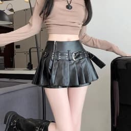 Black Retro Pu Leather Skirt Women Autumn New High-waisted A-word Pleated Skirt