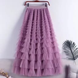Chamliforve Women Tulle Mesh Skirt Elegant Elastic Waist Fairy Long A-line Tutu Skirt for Spring Summer Long Cake Skirt