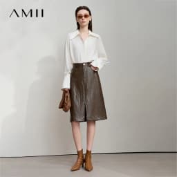 AMII Minimalist PU Leather Skirt For Women 2026 American Retro Knee-Length Skirt Solid Basics Business Women's Clothing 12553014