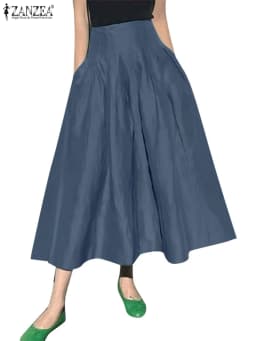 ZANZEA Fashion Holiday Faldas Mujer Casual Women Solid Color High Waist Jupe Femmes Elegant Commute Pleated Front Midi Skirts
