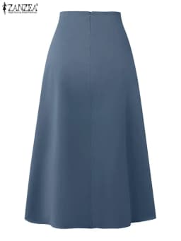 ZANZEA Fashion Holiday Faldas Mujer Casual Women Solid Color High Waist Jupe Femmes Elegant Commute Pleated Front Midi Skirts