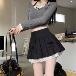 2025 Summer Fashion Lace A-Line Mini Skirts for Women Korean Solid Bowknit Woman Skirts All-match Pleated Skirt Mujer