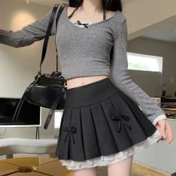 2025 Summer Fashion Lace A-Line Mini Skirts for Women Korean Solid Bowknit Woman Skirts All-match Pleated Skirt Mujer