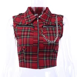 Women Pink Sexy Punk Gothic Zipper Sleeveless Suit Sweet Personality Chain Sleeveless Short T-shirt Streetwear Plaid Skirts