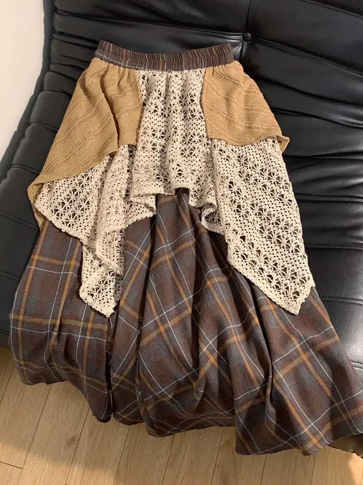 Harajuku Japanese Popular Versatile Hollow Plaid Irregular Design Splicing Skirt Women's Casual Street Fashion Knee-length Skirt