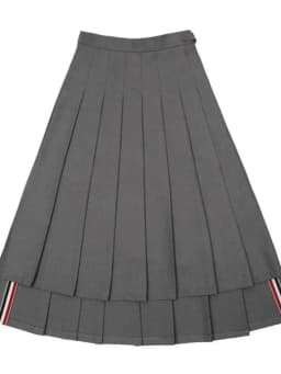 Decorated Striped Pleated Skirt Front Short Back Long Four Bars Decoration Street Style Women's mid Waist A-Line Midi Skirt