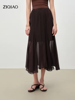 ZIQIAO Design-Forward Asymmetrical Drape Women Chiffon Skirt Spring 2026 New Arrival Soft Elegance Long Skirt Elastic Waistband