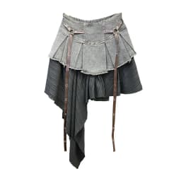 Retro Spliced Denim Pleated Skirt for Women Summer New Temperament Hot Girl Fashionable High Waist A-line Skirt