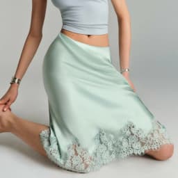 Combhasaki Women Satin Slip Midi Skirt Floral Lace Sheer Hem Trim Patchwork Silky Underskirt Y2k Low Rise A-Line Slips Skirts
