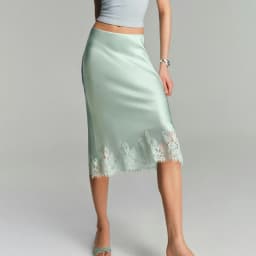 Combhasaki Women Satin Slip Midi Skirt Floral Lace Sheer Hem Trim Patchwork Silky Underskirt Y2k Low Rise A-Line Slips Skirts
