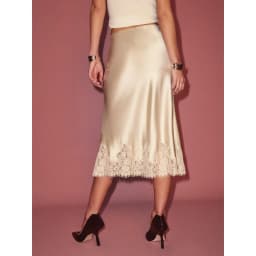 Combhasaki Women Satin Slip Midi Skirt Floral Lace Sheer Hem Trim Patchwork Silky Underskirt Y2k Low Rise A-Line Slips Skirts
