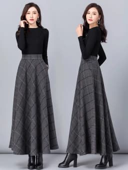 New Women Thick Woolen Skirt Autumn Winter Fashion Elastic High Waist A-Line Long Plaid Skirt Elegant Easy Match Wool Skirt
