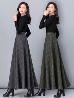 New Women Thick Woolen Skirt Autumn Winter Fashion Elastic High Waist A-Line Long Plaid Skirt Elegant Easy Match Wool Skirt