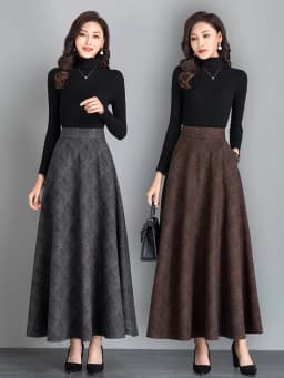 New Women Thick Woolen Skirt Autumn Winter Fashion Elastic High Waist A-Line Long Plaid Skirt Elegant Easy Match Wool Skirt