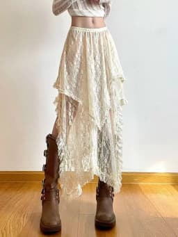 Gothic Vintage Black Midi Skirt Aesthetics Y2k Lace Irregular Skirt French Style Elegant Casual Skirt Woman Design Chic