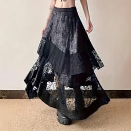 Gothic Vintage Black Midi Skirt Aesthetics Y2k Lace Irregular Skirt French Style Elegant Casual Skirt Woman Design Chic