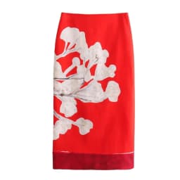 Women's Fashion 2026 Linen Blended Pencil Skirt High Waist Zipper Contrasting floral Printed Hem Slit Female Midi Skirt