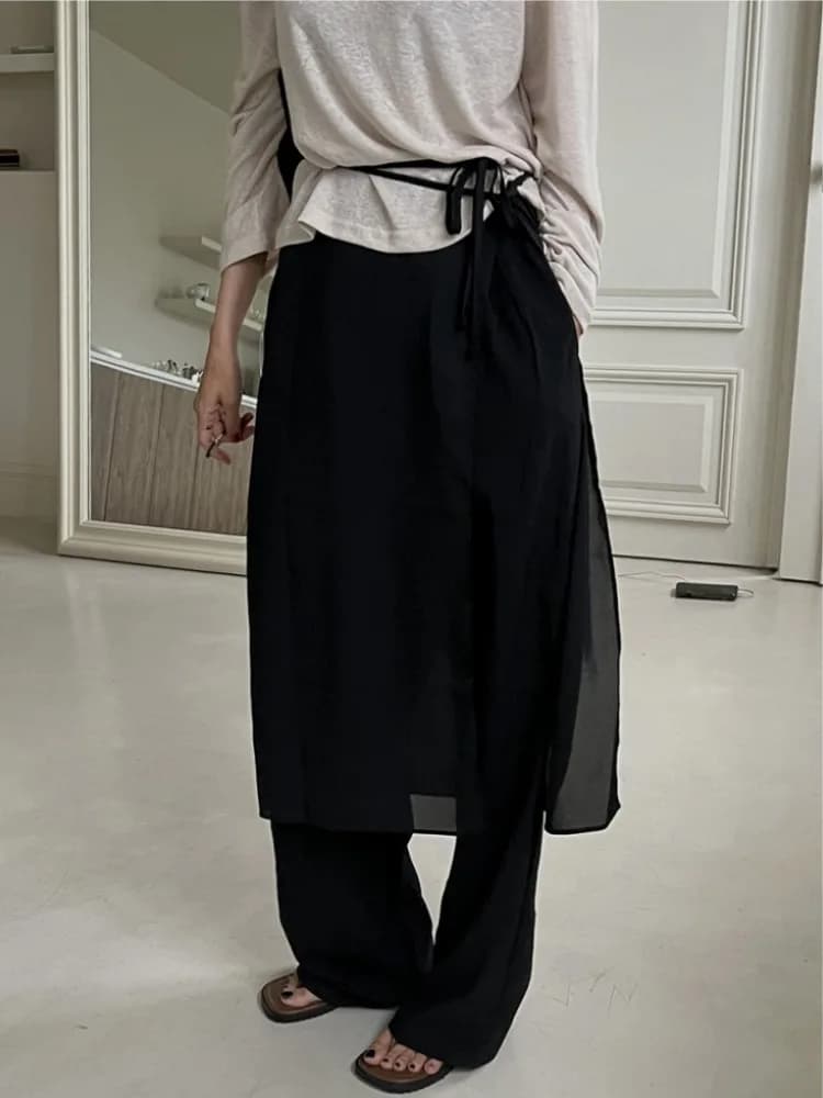 Pinafore Style Half Skirt Women's Spring Autumn Korean Retro Unique Design Button Tie Layered Curtain Skirt