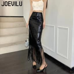 Sequin Tassel Bodycon Skirt High Waist Slim Fit Mid-Length Party Stage Glam Bottoms Women's Fashion Korean Style Sexy Midi Skirt
