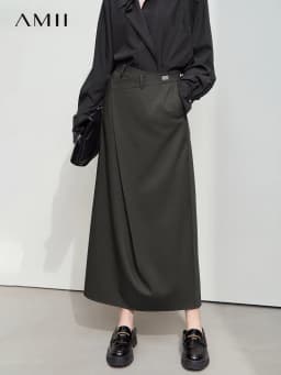 AMII Minimalist Half-body Skirt Women 2026 Autumn New Elegant Commuter Anti-wrinkle Asymmetric A-line Slim Long Skirt 12541053