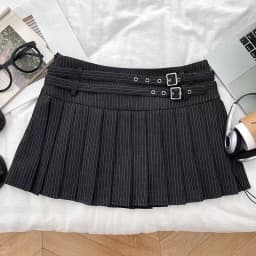 Preppy Striped Mini Skirt Women Korean Vintage Belt Sweet Student Pleats Skirts High Waist Kawaii Harajuku Simple Casual Skirt