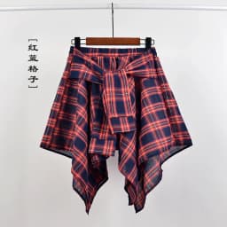 Summer Casual Retro Irregular Women Skirt Bow-knot Elastic Waist Shirt Style Blue White Lattice Mini A-line Shortskirt Female