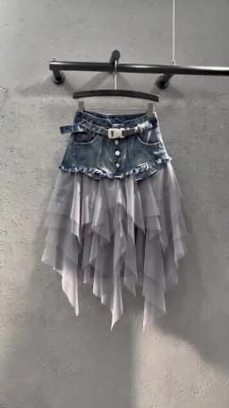 Punk Women Denim Jeans Mesh Patchwork Lace Skirt High Waist A Line Asymmetric Frill Tulle Pleated Midi Y2K Gothic Chic Skirts