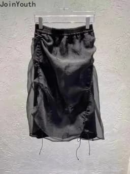 Summer Skirt Women's Clothing High Waist Organza Saia Drawstring Tunic Jupe Chic Irregular Mini Skirts 2025 Faldas Mujer De Moda
