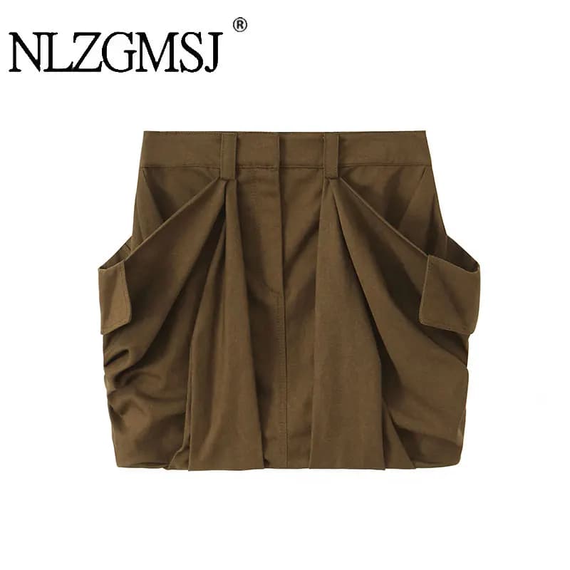 Nlzgmsj 2026 Spring High Street Trend Chic Women Mini Skirt Slim Pocket Decoration Mini Skirt New Fashion Leisure Skirt
