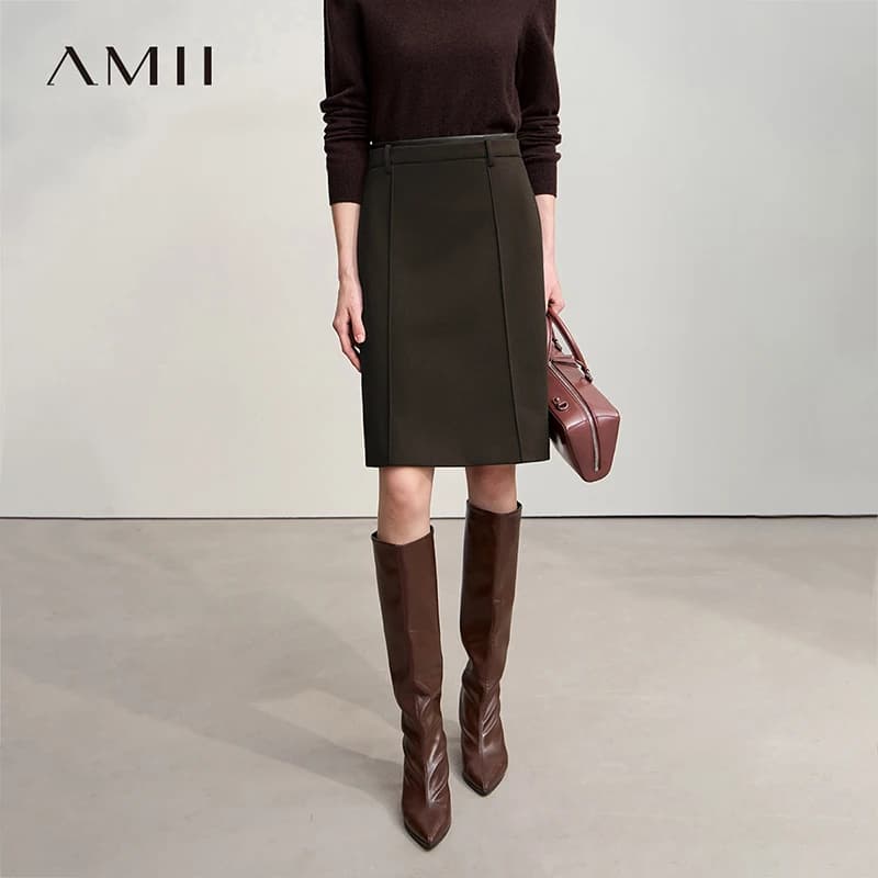 AMII Minimalist Skirts For Women 2026 Winter Straight Solid Knit Midi Skirt Patchwork Leather Casual Woman Clothing 12524092