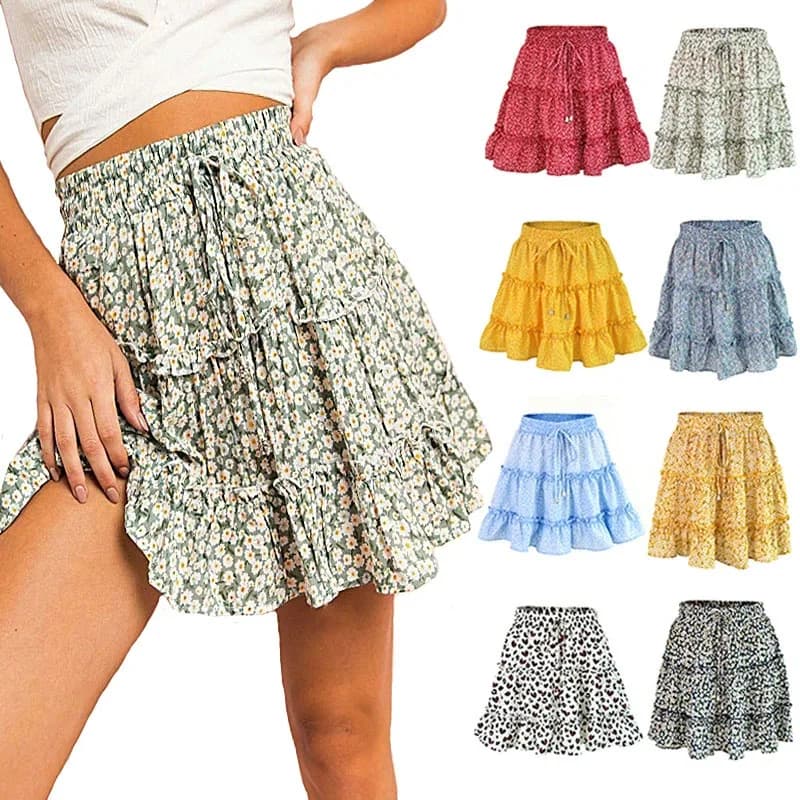 2026 Summer Floral Chiffon Skirts Women High Waisted Vintage Ruffles Printing Mini Skirt Casual Holiday Beach A-Line Skirts